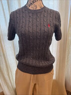 Ralph Lauren Gray Cable Knit Short Sleeve Sweater with Red Pony